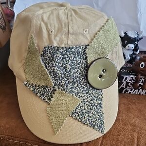 H012. Unique Upcycled Tan Cap with Green Patchwork and Button